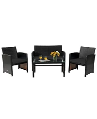 4PCS Patio Rattan Furniture Set Cushioned Chair Sofa Coffee Table