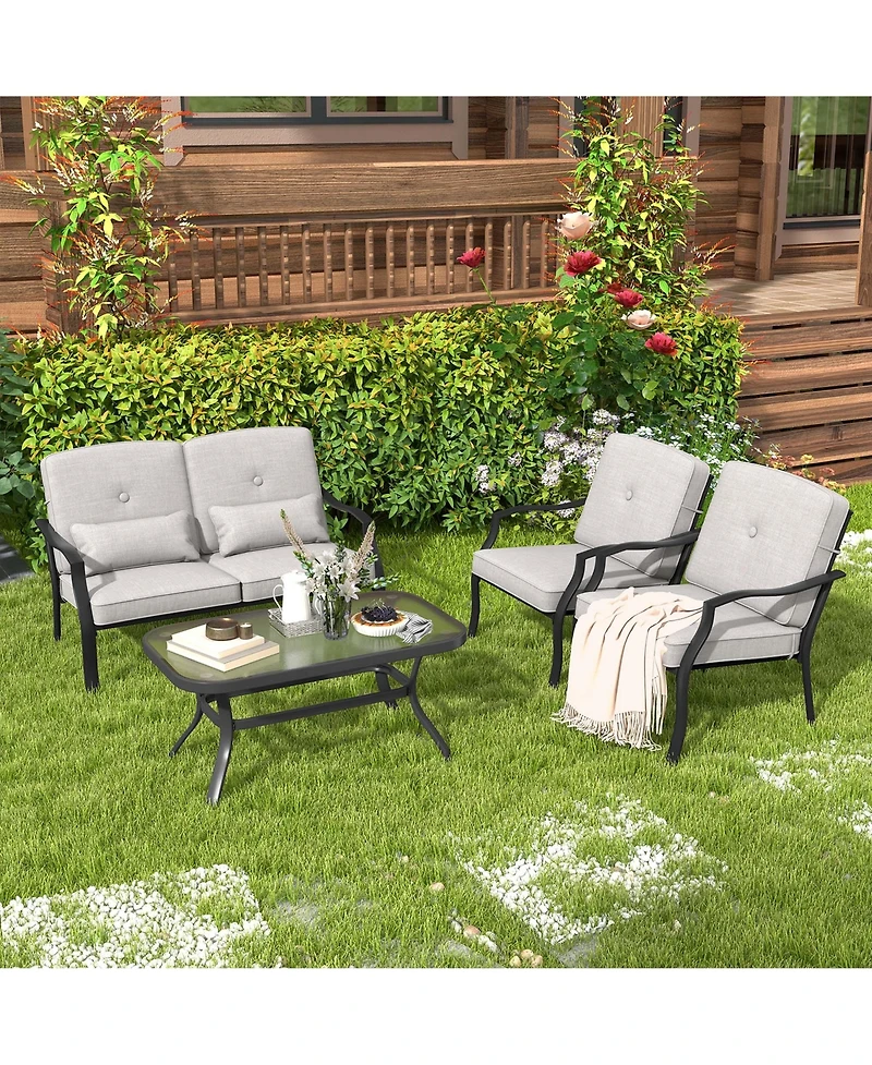 Costway 4 Piece Patio Furniture Set Outdoor Conversation Sofa Tempered Glass Coffee Table