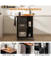 Gouun Mobile Serving Cart with Transparent-Door Cabinet, 360-Degree Casters and Towel Rack, 27.5 x 17 in