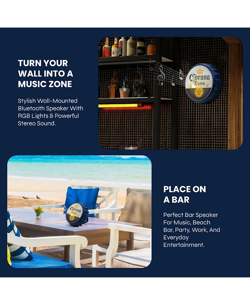Corona Bluetooth Bottle Cap Speaker with Led Lights, Fm Radio, Kickstand, and Wall Mount