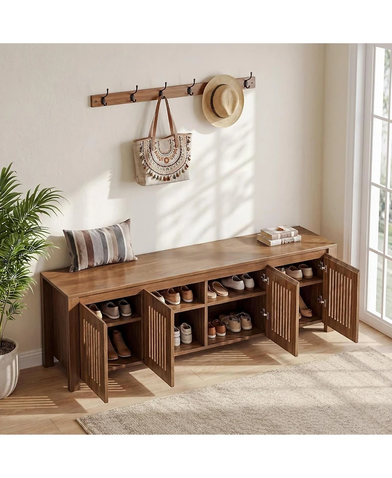 Tribesigns 55"Shoe Storage Bench,2-Tier Mid-Century Modern Entryway Bench with Slatted Doors for Living Room,Entryway,Bedroom,Foyer,Entrance,Walnut