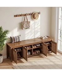 Tribesigns 55"Shoe Storage Bench,2-Tier Mid-Century Modern Entryway Bench with Slatted Doors for Living Room,Entryway,Bedroom,Foyer,Entrance,Walnut