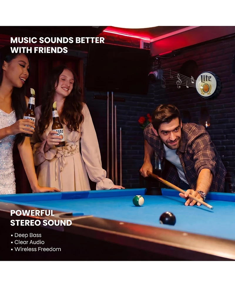 Miller Lite Bluetooth Bottle Cap Speaker with Led Lights, Fm Radio, Kickstand, and Wall Mount