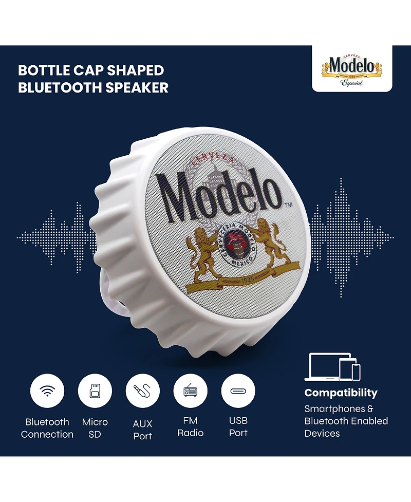 Modelo Bluetooth Bottle Cap Speaker with Led Lights, Fm Radio, Kickstand, and Wall Mount