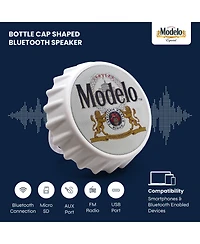 Modelo Bluetooth Bottle Cap Speaker with Led Lights, Fm Radio, Kickstand, and Wall Mount