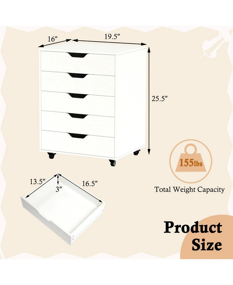 Gouun 5-Drawer Rolling File Cabinet with Lockable Wheels and Storage Top