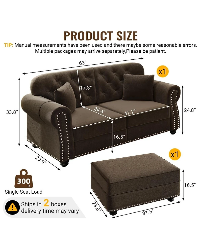 Maison Boucle 63'' Velvet Loveseat and Ottoman Set, Tufted Nailhead Rolled Arm Sofa