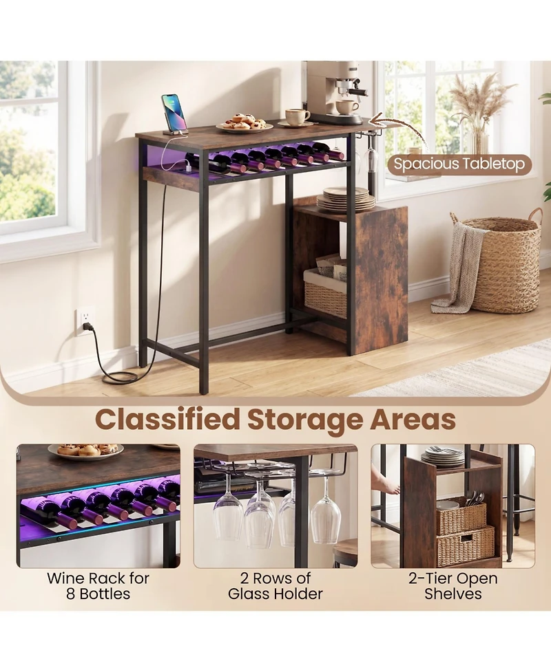 Slickblue Rectangular Bar Table with Power Outlets Led Lights and Storage Space
