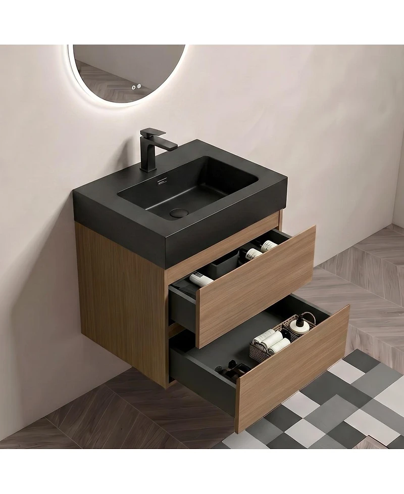 Sillysis Floating Bathroom Vanity with Double Storage Drawers, Soft Close Glides, Handle-Free Modern Design, Pre-assembled