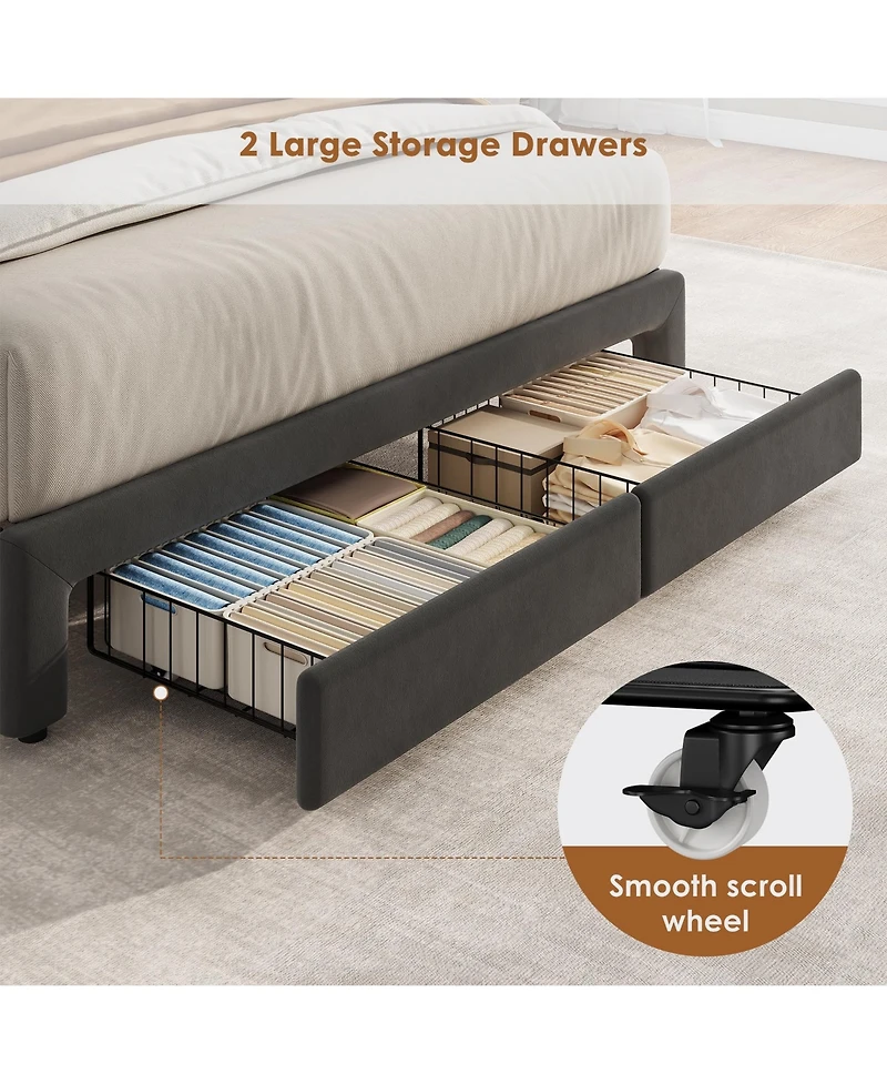 Gaomon Velvet Upholstered Platform Bed Frame with Crystal Tufted Headboard, 2 Storage Drawers, Built-in Charging Station, Noise-Free