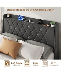 Gaomon Velvet Upholstered Platform Bed Frame with Crystal Tufted Headboard, 2 Storage Drawers, Built-in Charging Station, Noise-Free