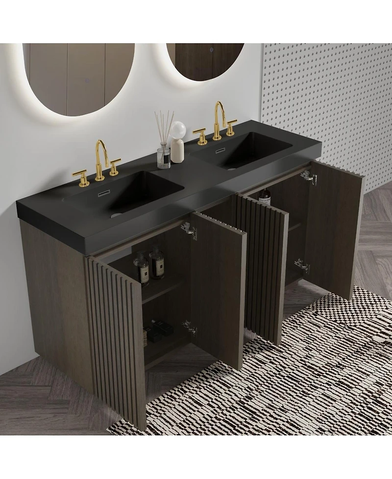 Sillysis 60 Inch Double Sink Bathroom Vanity with Quartz Top, Soft Close Fluted Doors, Adjustable Shelves, Ample Storage, Modern Design