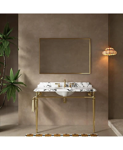 Sillysis 48 Inch Bathroom Console Sink with Engineered Marble Top, Ceramic Basin, Stainless Steel Frame, Retro Style, Towel Bar