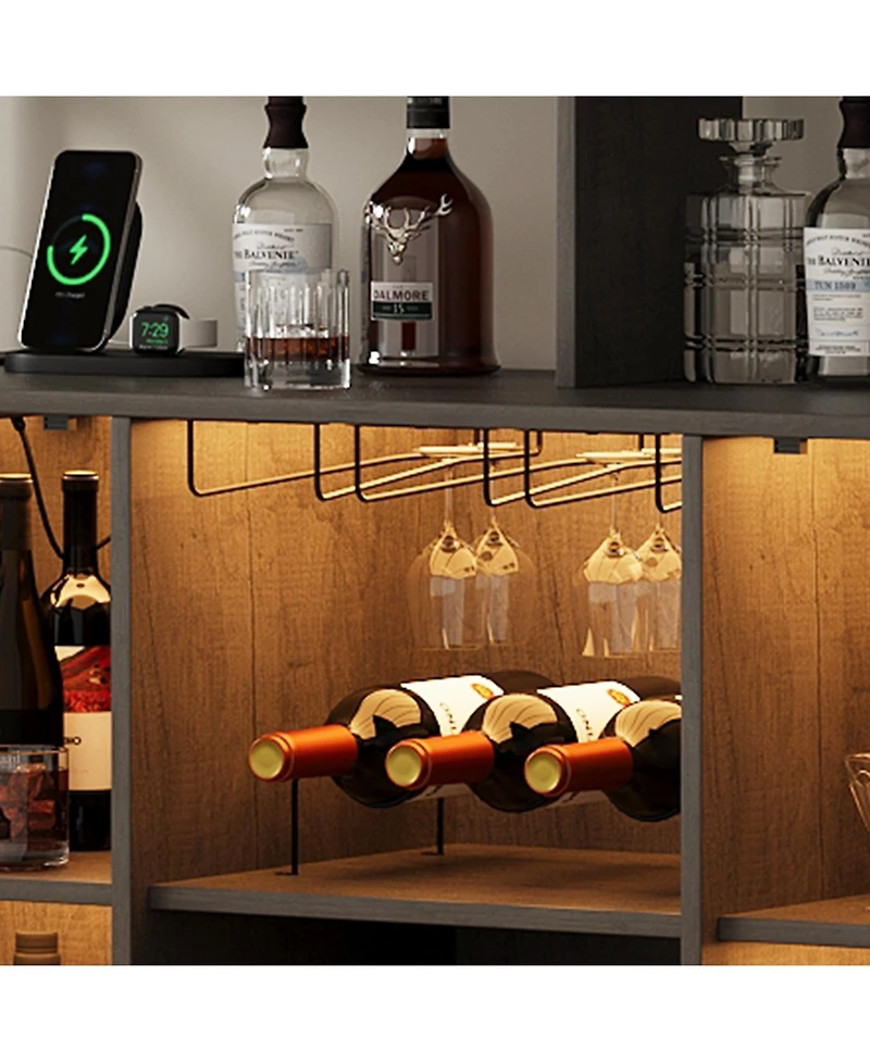 homfan Wine Bar Cabinet with Led Lights and Power Outlets Buffet Sideboard with Wine Rack and Glass Rack for Living Room