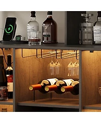 homfan Wine Bar Cabinet with Led Lights and Power Outlets Buffet Sideboard with Wine Rack and Glass Rack for Living Room