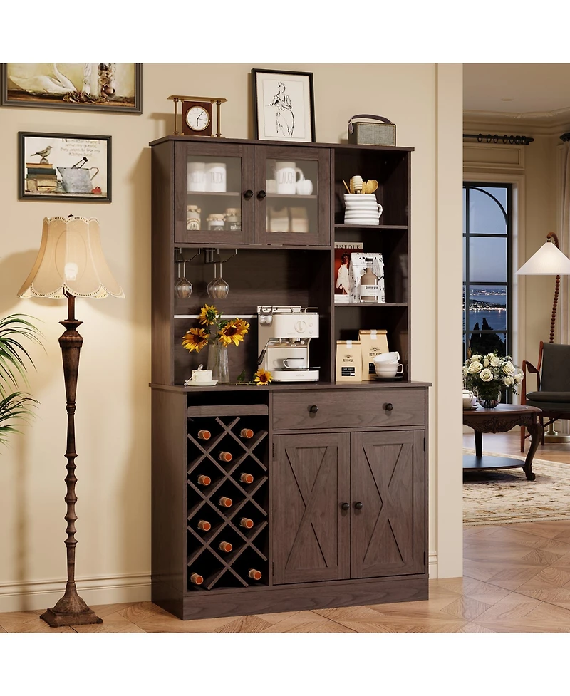 homfan Coffee Bar Cabinet with Power Outlet and Barn Doors, Sideboard Buffet Wine Rack, Storage for Kitchen, Dining Room