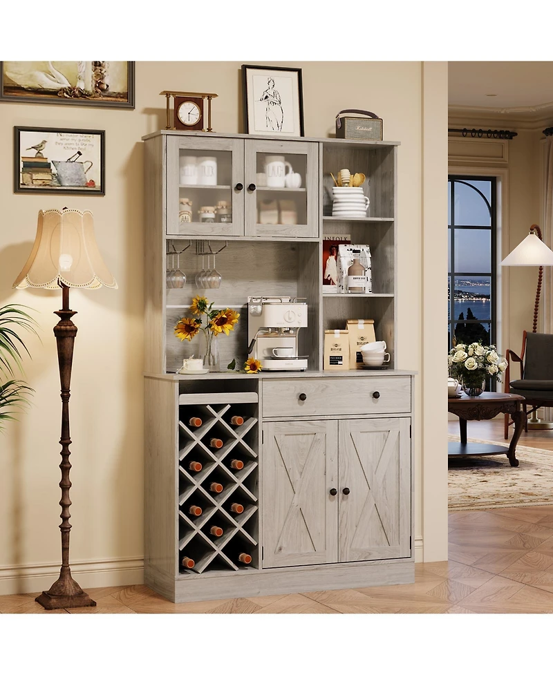 homfan Coffee Bar Cabinet with Power Outlet and Barn Doors, Sideboard Buffet with Wine Rack, Storage Cabinet for Kitchen, Dining Room