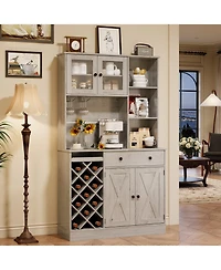 homfan Coffee Bar Cabinet with Power Outlet and Barn Doors, Sideboard Buffet with Wine Rack, Storage Cabinet for Kitchen, Dining Room
