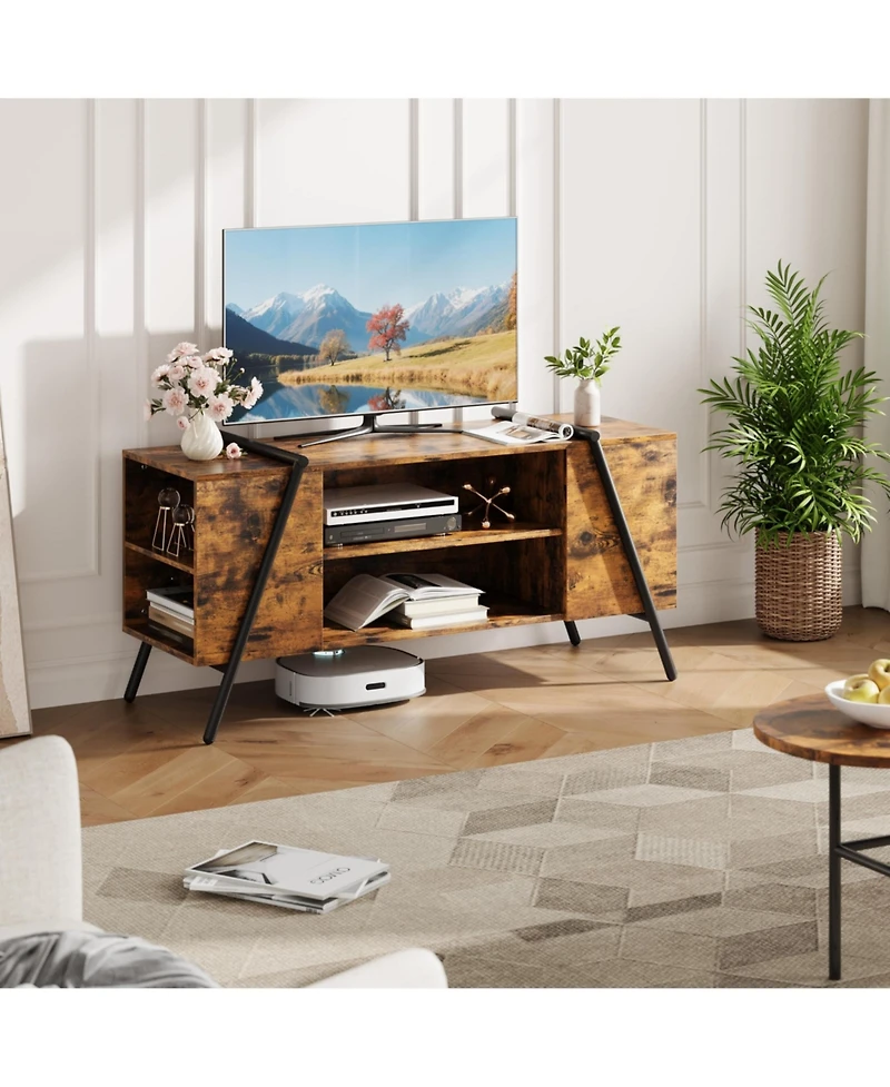 homfan Industrial Tv Stand for 47 Inch Tv, Wooden Entertainment Center, Adjustable Open Shelves, Slanted Metal Legs, Media Console