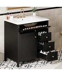 Sillysis 30 Inch Modern Bathroom Vanity with Storage Cabinet, Solid Wood Legs, Flip Drawer and Adjustable Shelves