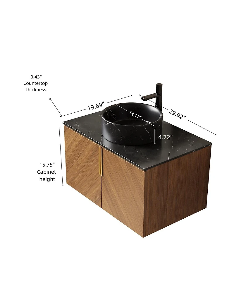Sillysis Floating Bathroom Vanity Cabinet with Ceramic Vessel Sink, Sintered Stone Countertop, Large Storage