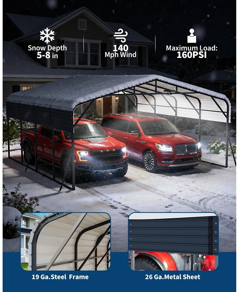 homfan Hardtop Steel Carport with Solar Light, Heavy Duty Metal Vehicle Shelter for Cars Trucks Boats Driveway Patio