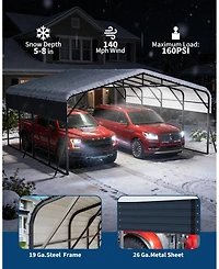 homfan Hardtop Steel Carport with Solar Light, Heavy Duty Metal Vehicle Shelter for Cars Trucks Boats Driveway Patio