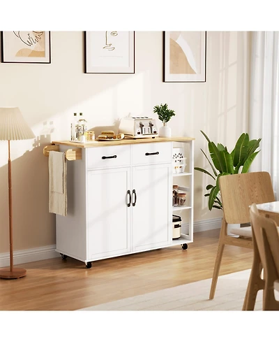 homfan Rolling Kitchen Island Cart, 43 Inch White Wood Bar Cart with Drop Leaf and Locking Wheels for Dining Room or Kitchen