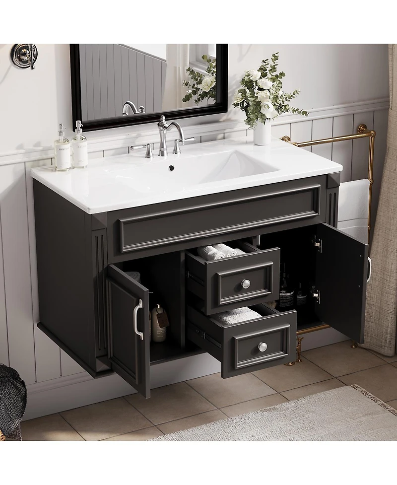 Sillysis 36 Inch Floating Bathroom Vanity with Ceramic Sink, Wall Mounted Modern Cabinet, Soft Close Drawers, French Vintage Style