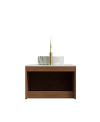 Sillysis Floating Bathroom Vanity with Ceramic Vessel Sink, Carrara Sintered Stone Top, Solid Wood Door