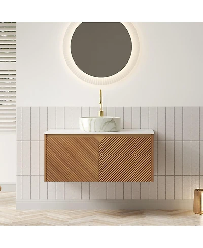 Sillysis Floating Bathroom Vanity with Ceramic Vessel Sink, Carrara Sintered Stone Top, Solid Wood Door
