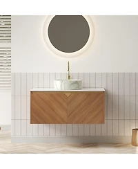 Sillysis Floating Bathroom Vanity with Ceramic Vessel Sink, Carrara Sintered Stone Top, Solid Wood Door