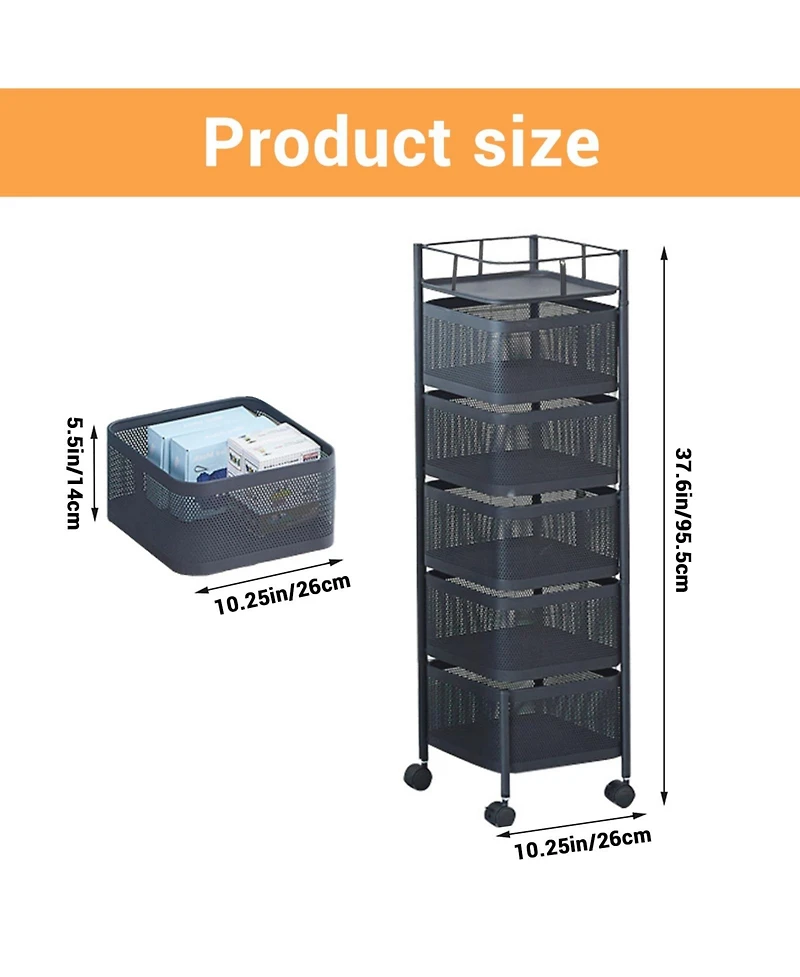 homfan 5 Tier Bar Cart, 38 Inch Metal Mesh Rolling Storage Cart with Rotating Baskets and Locking Wheels for Kitchen or Pantry