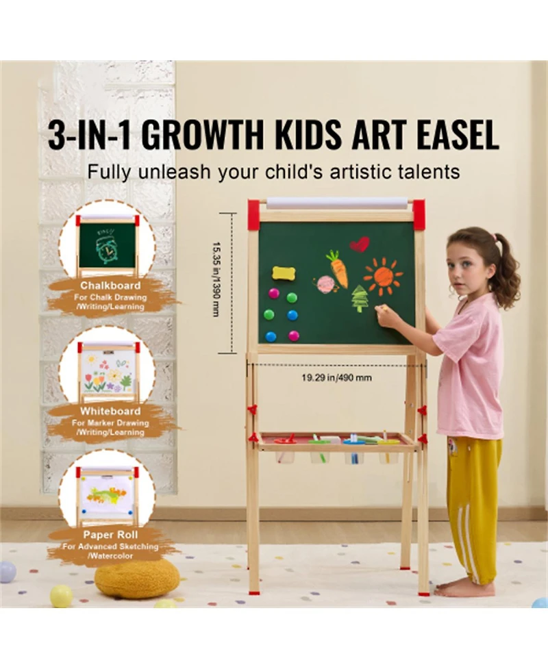 Yobtop 3-in-1 Kids Art Easel, Double-Sided Wooden Magnetic Whiteboard Chalkboard,Adjustable Height for 3-14