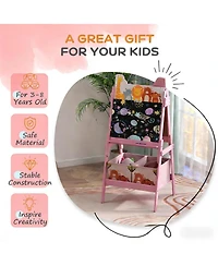 Yobtop Kids Art Easel - Double-Sided Blackboard and Whiteboard, Mdf Frame with Storage Boxes, Cute Pattern Design for Ages 3-8 Years