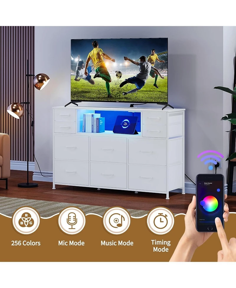 gaomon Dresser for Bedroom with 10 Fabric Drawers, Tv Stand with Led Light and Charging Station for 45, 50, 55 Inch Tv