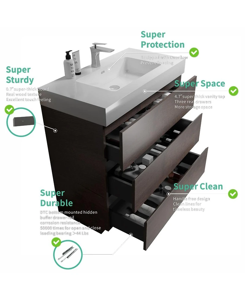 Sillysis Modern Bathroom Vanity with Stone Sink, Pre-assembled Soft Close 3 Drawers