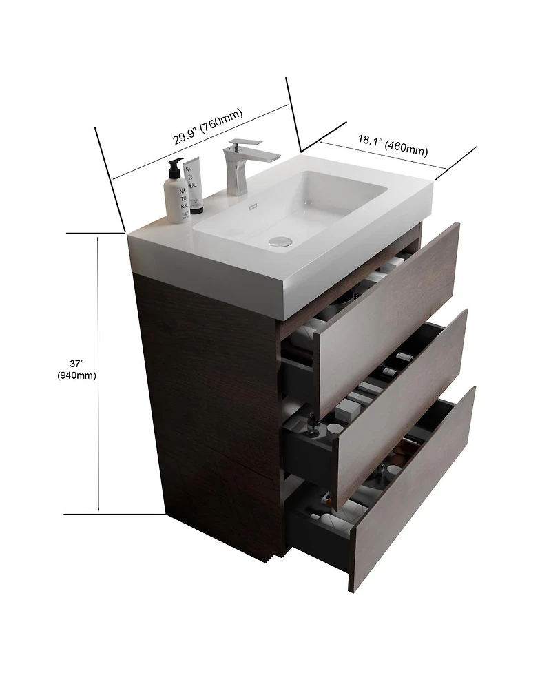 Sillysis Modern Bathroom Vanity with Stone Sink, Pre-assembled Soft Close 3 Drawers