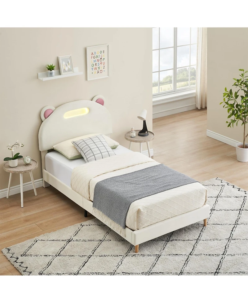 homfan Twin Bed Frame with Led Lights, Upholstered Platform Bed with Headboard and Wooden Slats Support, Noise Free, No Box Spring Needed 2 Pack