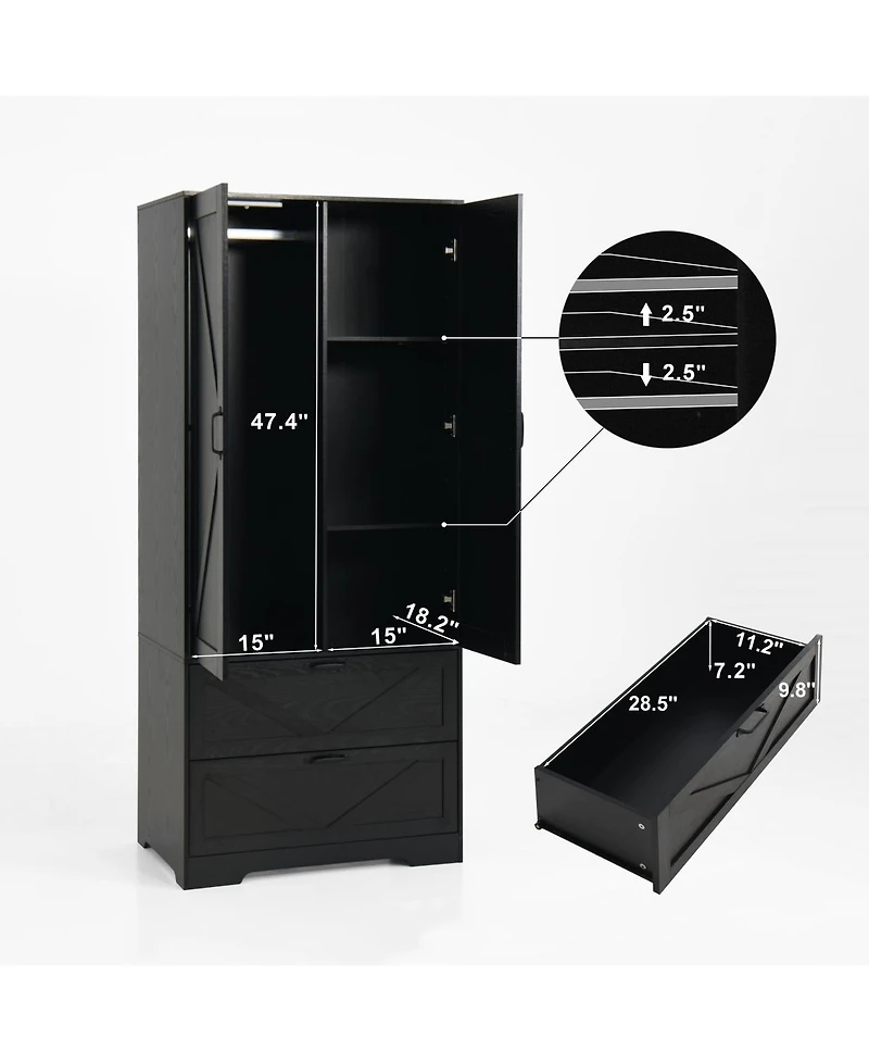 Streamdale Furniture 2-Door Wood Wardrobe with Hanging Rod 2 Drawers Mirror and Induction Light