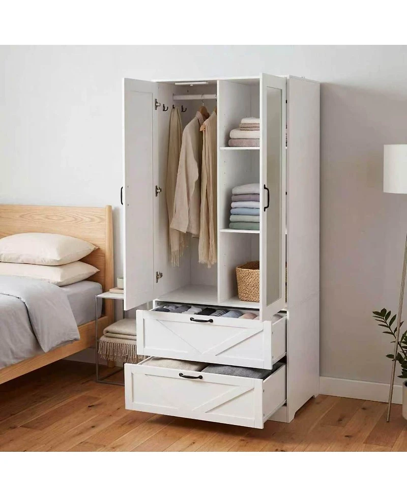 Streamdale Furniture 2-Door Wood Wardrobe with Hanging Rod 2 Drawers Mirror and Induction Light