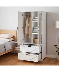 Streamdale Furniture 2-Door Wood Wardrobe with Hanging Rod 2 Drawers Mirror and Induction Light