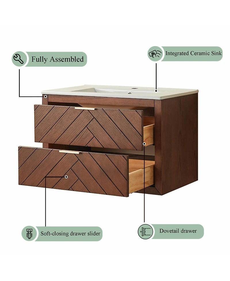 Sillysis Floating Bathroom Vanity with Ceramic Sink, Wall Mounted Modern Cabinet, Deep Drawers for Storage, Fully Assembled