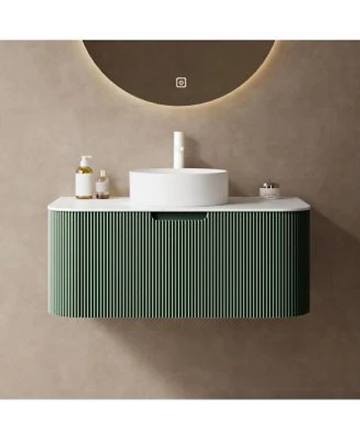 Sillysis Wall Mounted Bathroom Vanity With Ceramic Sink Sintered Stone Top Soft Close Drawer Pre Assembled Stripe Cabinet