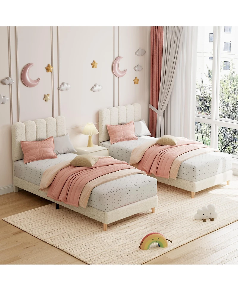 homfan Twin Size Upholstered Soft Headboard Platform Bed Frame Princess Design, Sturdy Wood Slats, Noise Free, No Box Season Needed, Easy Assembly