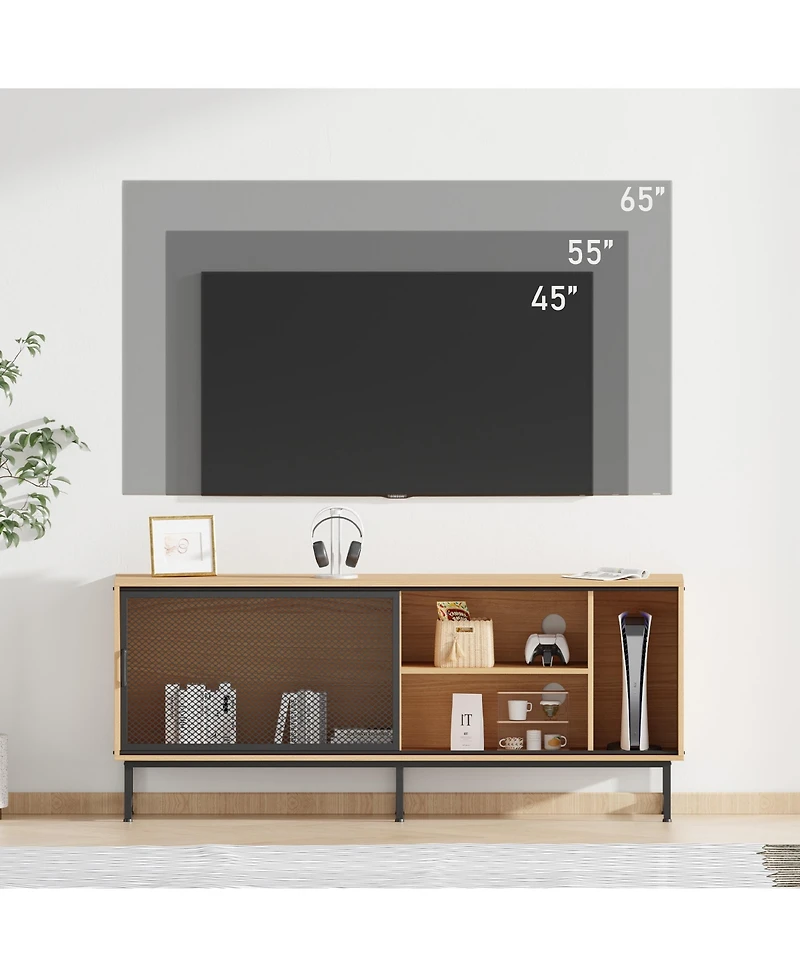 homfan Modern Industrial Tv Stand for 65 Inch Tv, 63inch Unit with Sliding Metal Mesh Doors, Ample Storage, Cable Management, Metal Legs