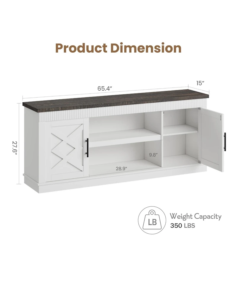 homfan Farmhouse Tv Stand, 65inch Console Table for 65-70 Inch TVs, Fluted Design, 2 Doors and Open Shelves, Versatile Media Table for Living Room