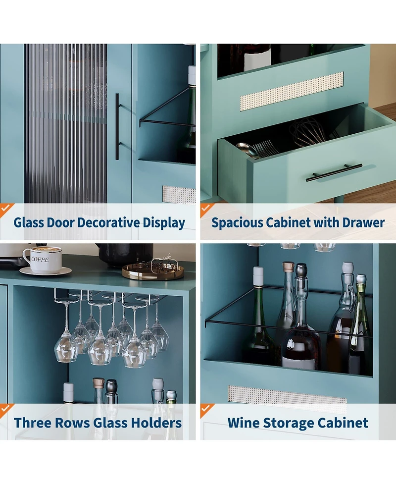 homfan 30" Wine Cabinet Tempered Glass Door, Drawers, Wine Rack and Glass Holder, Sideboard Buffet for Dining Room or Living Room