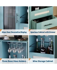 homfan 30" Wine Cabinet Tempered Glass Door, Drawers, Wine Rack and Glass Holder, Sideboard Buffet for Dining Room or Living Room