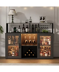 homfan Led Wine Cabinet with Glass Display, Freestanding Bar Cabinet with Storage Shelves for Dining Room Living Room Kitchen